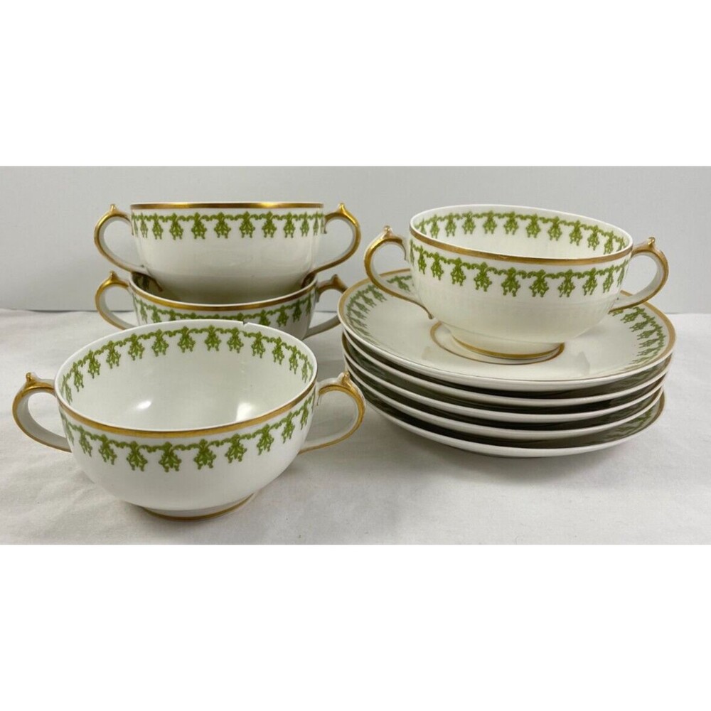 Double Handled Bouillon Cup & Saucer Set of 4 GDA Haviland 272 Limoges Green
